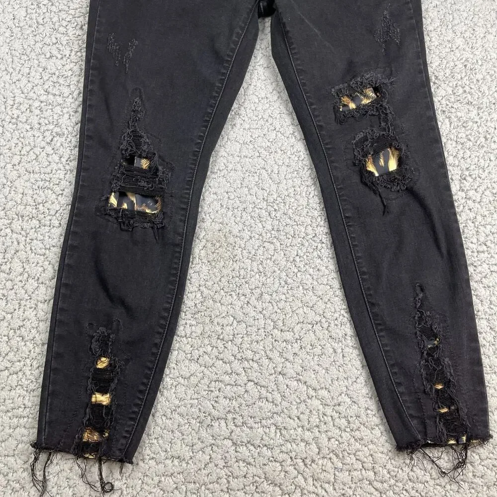 Judy Blue Skinny Fit Jeans 13/31 Mid Rise Destroyed Leopard Patch Denim Black